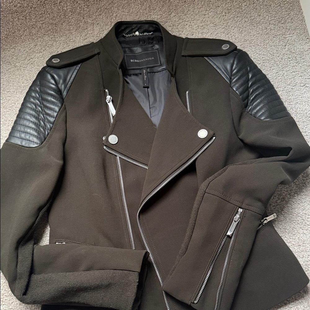 BCBGMaxAzria Black and Olive Leather Jacket